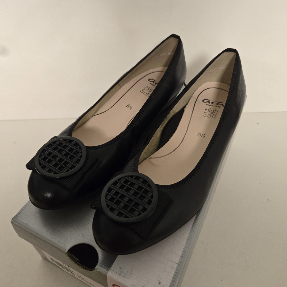 Ara Size 8 Black Leather Bambi Ballet Flats with Bow Detail NEW